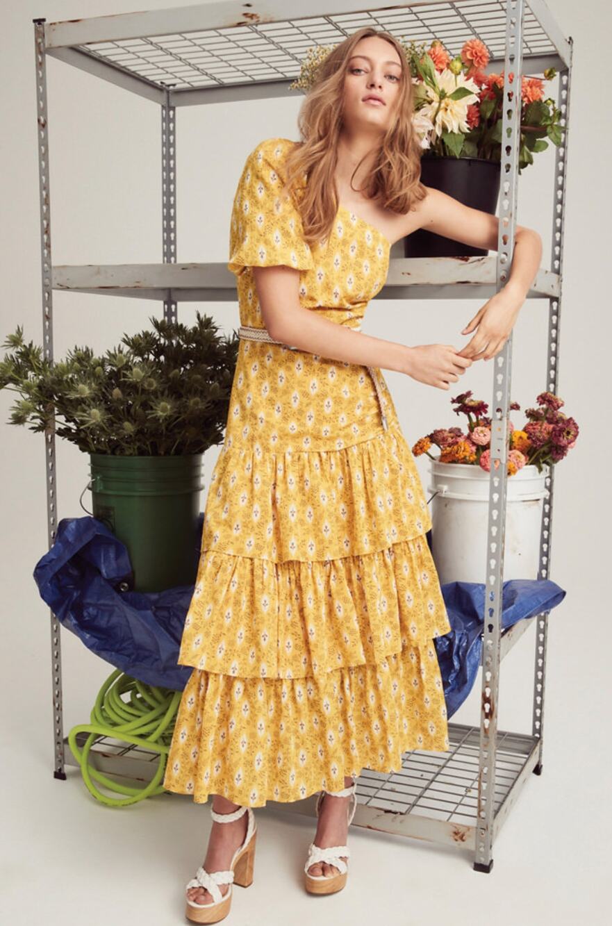 Veronica Beard Floral Maxi Dress Silk Blend One Shoulder Ruffle Yellow US 8 NWT